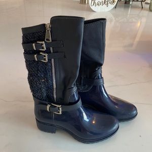 Navy blue with silver decorative buckles girls dressy rain boots.